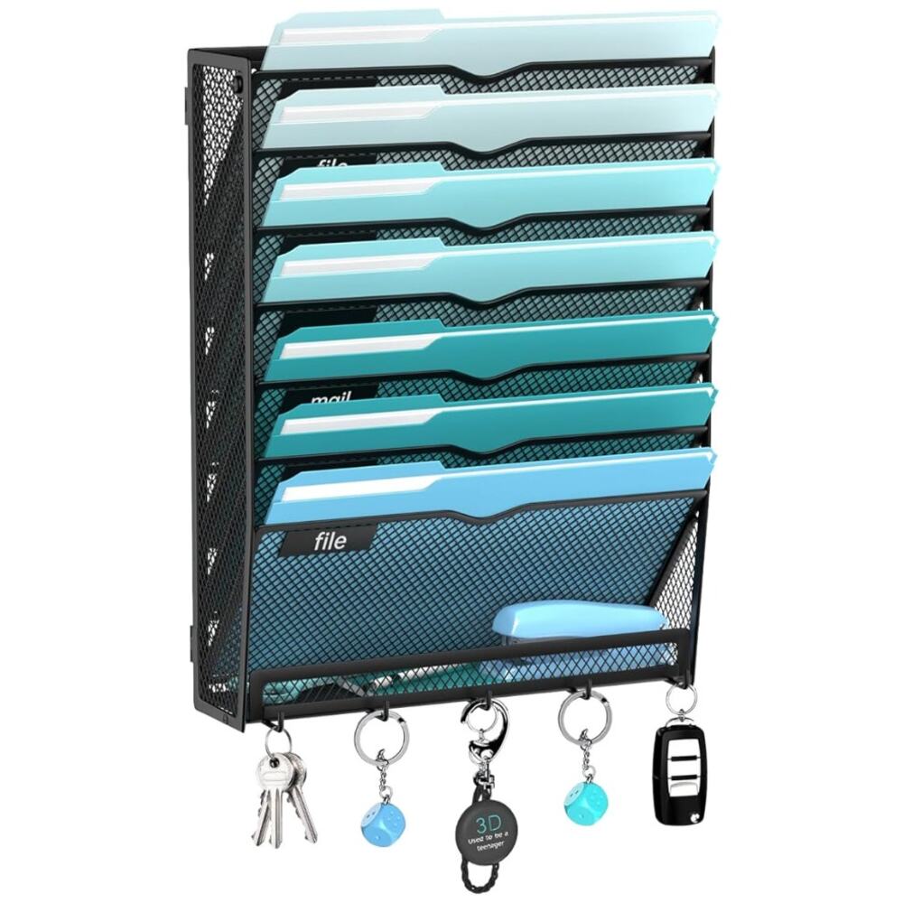 8-Tier Mesh Hanging Wall File Organizer with 5 Hooks, Mail Organizer- Black